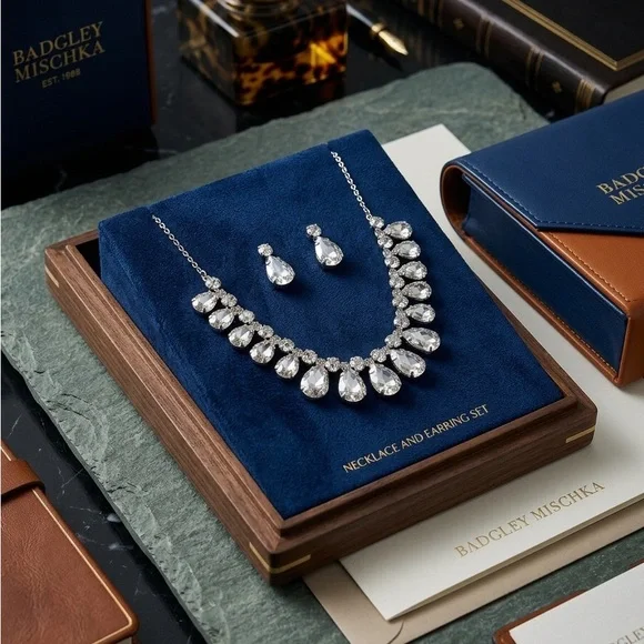 Badgley Mischka Silver and Clear Crystal Teardrop Necklace & Earrings Set NWT - Picture 3 of 3